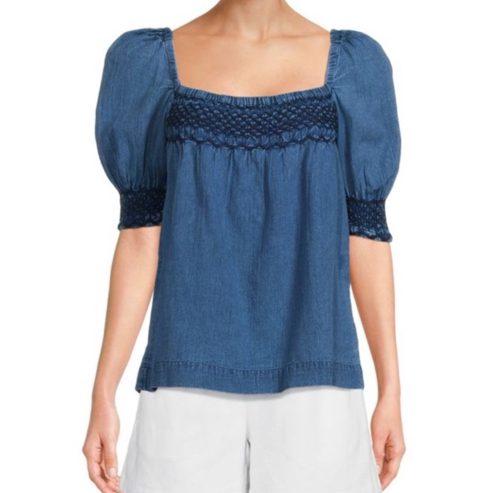 Faherty Blue Puff Sleeve Smocked Blouse